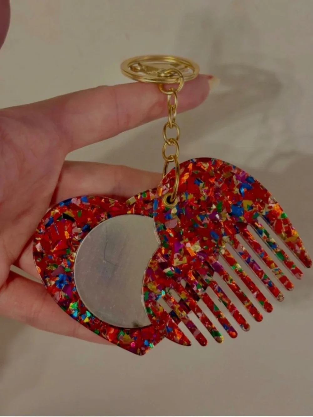 Set of 2 Heart Shaped Comb & Mirror Keychain Purse Confetti Travel Compact New